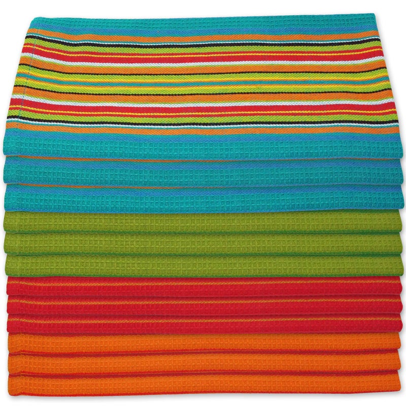 Salsa Stripe Kitchen Dish Towels  100 Natural Absorbent Cotton Waffle Towels  MultiPurpose Festive Red Orange Green Blue 28 x 16 inches 12Pack