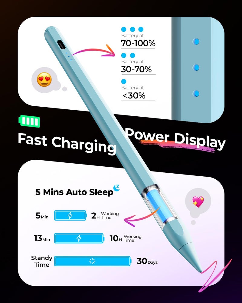 JAMJAKE قلم Stylus لجهاز Apple iPad شحن أسرع 5X، قلم متوافق مع iPad 6-11 الجيل، iPad Air 3-5/M2/M3، iPad mini 5/6، iPad Pro 11"/12.9"/M4، تشغيل/إيقاف بالضغط المزدوج - أزرق - Image 3