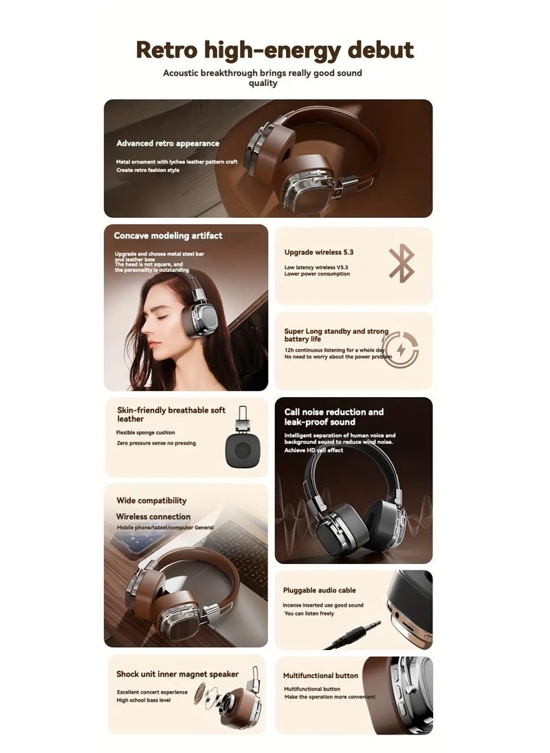 Retro Wireless On-Ear Headphones Inspired by Retro Design, High-Quality Sound with Deep Bass, Long-Lasting 350mAh Battery, Single Button Volume Control, Ideal for Gaming, Music Enthusiasts, and Sports Activities, USB Type-C Connection, Brown  - Image 4