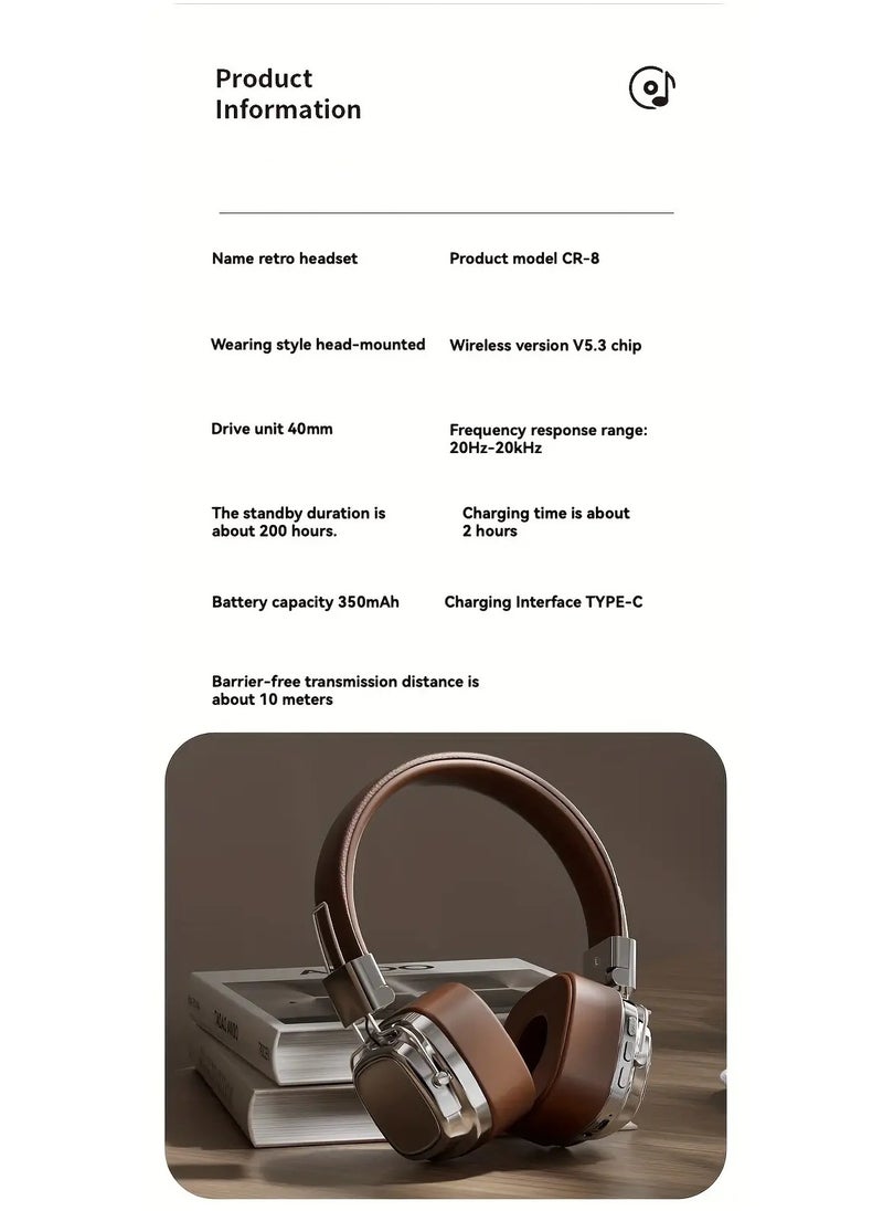 Retro Wireless On-Ear Headphones Inspired by Retro Design, High-Quality Sound with Deep Bass, Long-Lasting 350mAh Battery, Single Button Volume Control, Ideal for Gaming, Music Enthusiasts, and Sports Activities, USB Type-C Connection, Brown  - Image 5