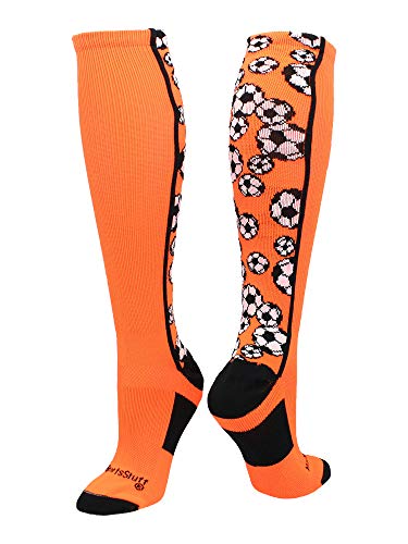 MadSportsStuff Crazy Soccer Socks with Soccer Balls over the calf (Neon Orange/Black, Small) - Image 1