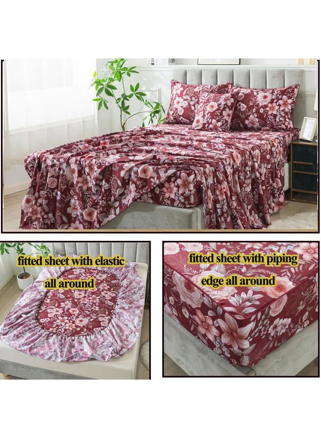FADFAY Floral Sheets Set Queen Vintage Red Floral Bedding Shabby Pink Rose Elegant Peony Sheets Farmhouse Bedding 800 Thread Count 100% Egyptian Cotton Soft Deep Pocket Fitted Sheet 4Pcs, Queen Size - Image 4