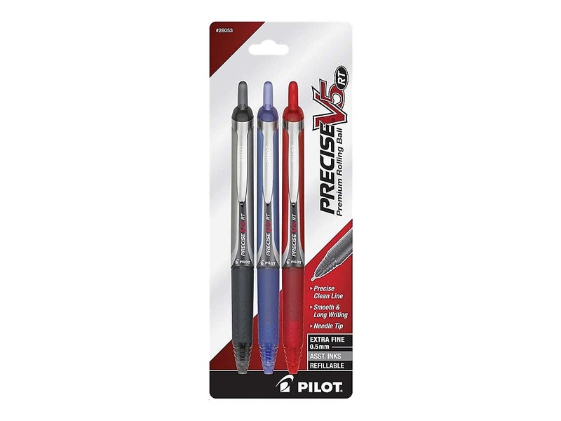 PILOT Precise V5 RT Refillable & Retractable Liquid Ink Rolling Ball Pens, Extra Fine Point (0.5mm) Black/Blue/Red Inks, 3-Pack (26053) - Image 1