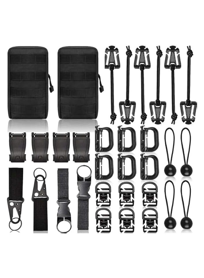 erorex Molle Accessories Kit of 28 Attachments, Elastic Strings Strap, D-Ring Locking Gear Clip, for 30mm Webbing Strap Tactical Backpack Web Dominator (Black) - Image 1