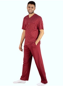 Jet Jet Men Summer Pajama Set Printed Top V Neck & Plain Bottom -Burgundy  - Image 1