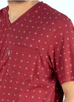 Jet Jet Men Summer Pajama Set Printed Top V Neck & Plain Bottom -Burgundy  - Image 2