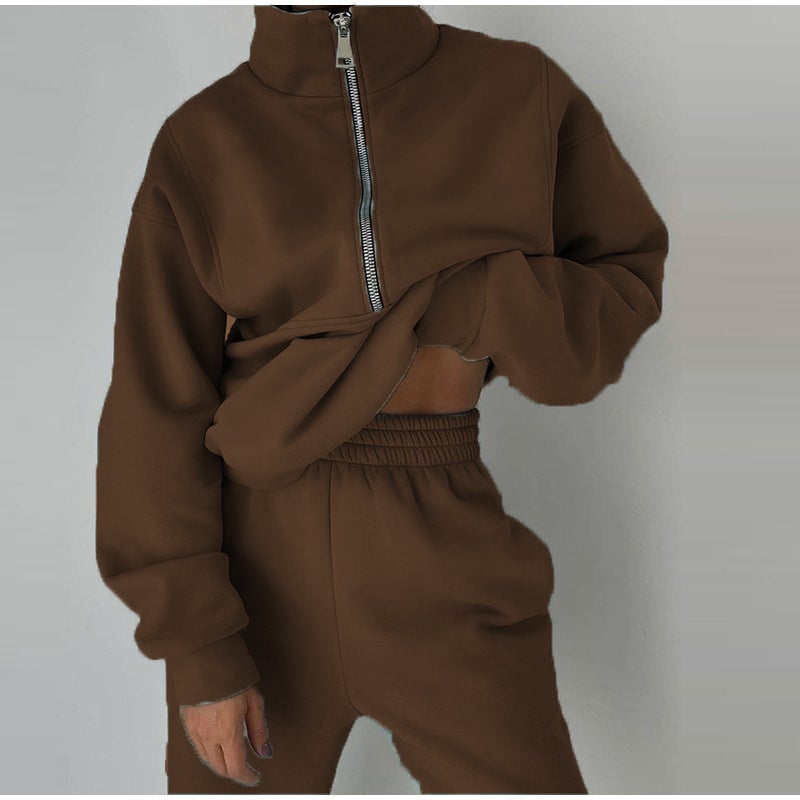 2023 autumn and winter European and American womens clothing Amazon two-piece sweater Fleece Sports street fashion casual suit dark brown