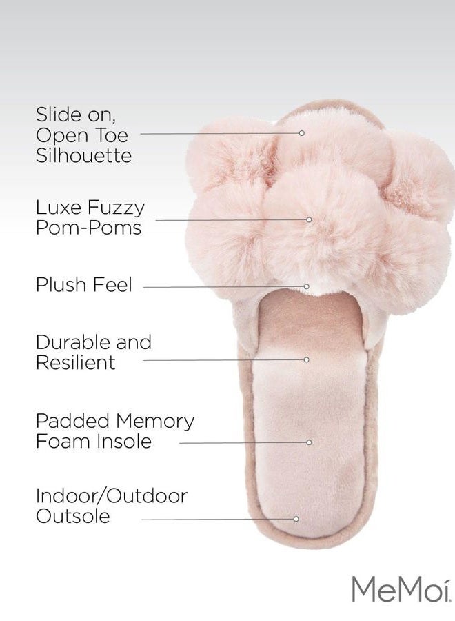 MeMoi Luxe Pom-Pom Open Toe Plush Women's Slippers, Blush Pink, S - Image 4
