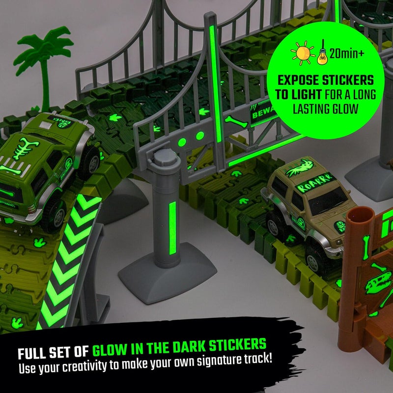 JITTERYGIT Dinosaur Jurassic Race Track Train Glow in The Dark World Toy Set, Kids Dino Racetrack Park Includes T-Rex & Triceratops Playset - Best Birthday Gift for Boys & Girls 3 4 5 6 7 8 Year Old - Image 2