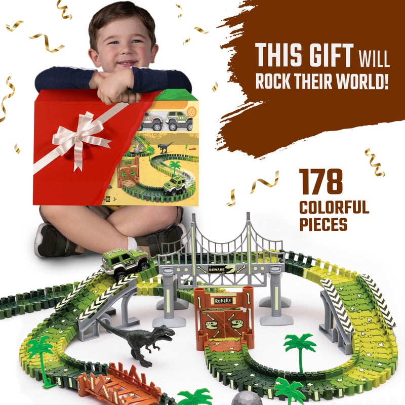 JITTERYGIT Dinosaur Jurassic Race Track Train Glow in The Dark World Toy Set, Kids Dino Racetrack Park Includes T-Rex & Triceratops Playset - Best Birthday Gift for Boys & Girls 3 4 5 6 7 8 Year Old - Image 4