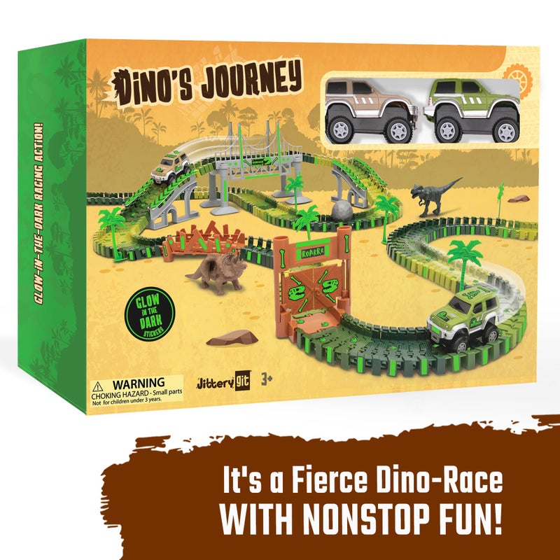JITTERYGIT Dinosaur Jurassic Race Track Train Glow in The Dark World Toy Set, Kids Dino Racetrack Park Includes T-Rex & Triceratops Playset - Best Birthday Gift for Boys & Girls 3 4 5 6 7 8 Year Old - Image 3
