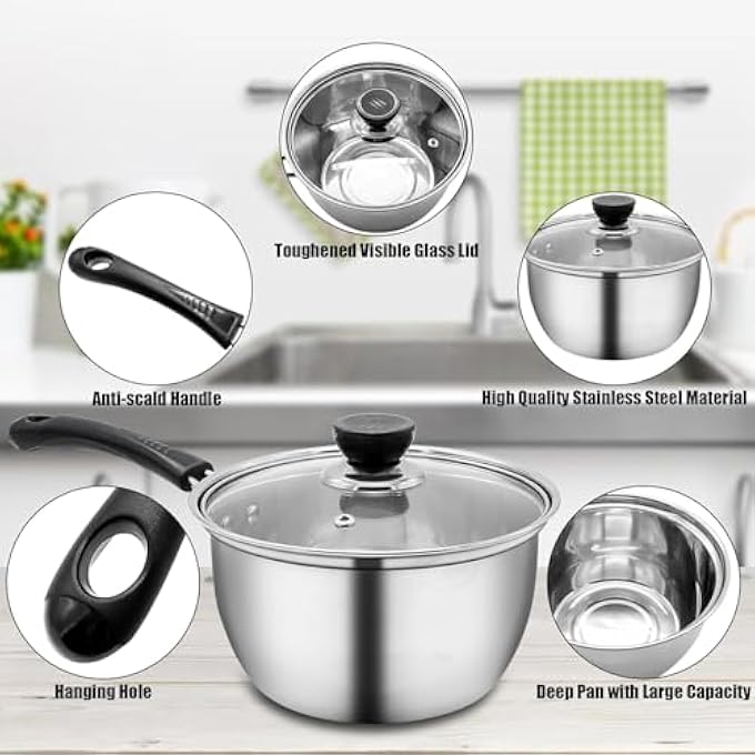 Azonee Stainless Steel Milk Pan 19L Saucepan With Glass Lid Induction Milk Pot For Tea Coffee Soup And Deep Cooking On Gas And Electric Hobs - Image 5