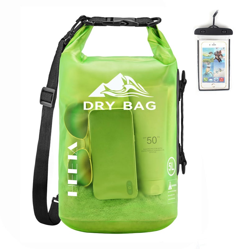 HEETA Dry Bag Waterproof for Women Men, Roll Top Lightweight Dry Storage Bag Backpack with Phone Case for Travel Swimming Boating Kayaking Paddle Board Camping Beach Accessories (Lemon Green, 5L) - Image 1
