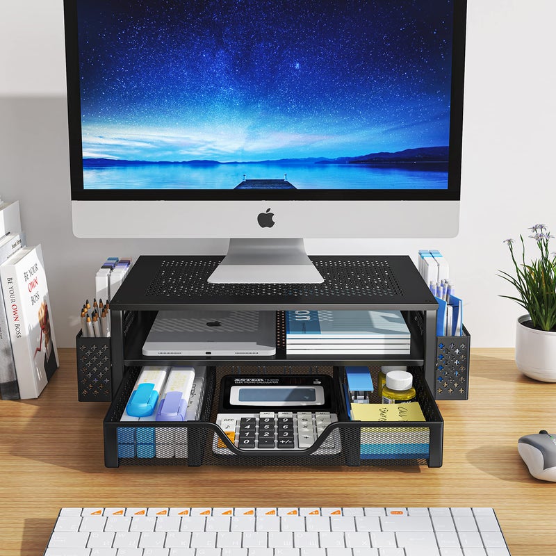Simple Trending 2 Tier Metal Monitor Stand Monitor riser and Computer Desk Organizer with Drawer and Pen Holder for Laptop, Computer, iMac, Black - Image 2