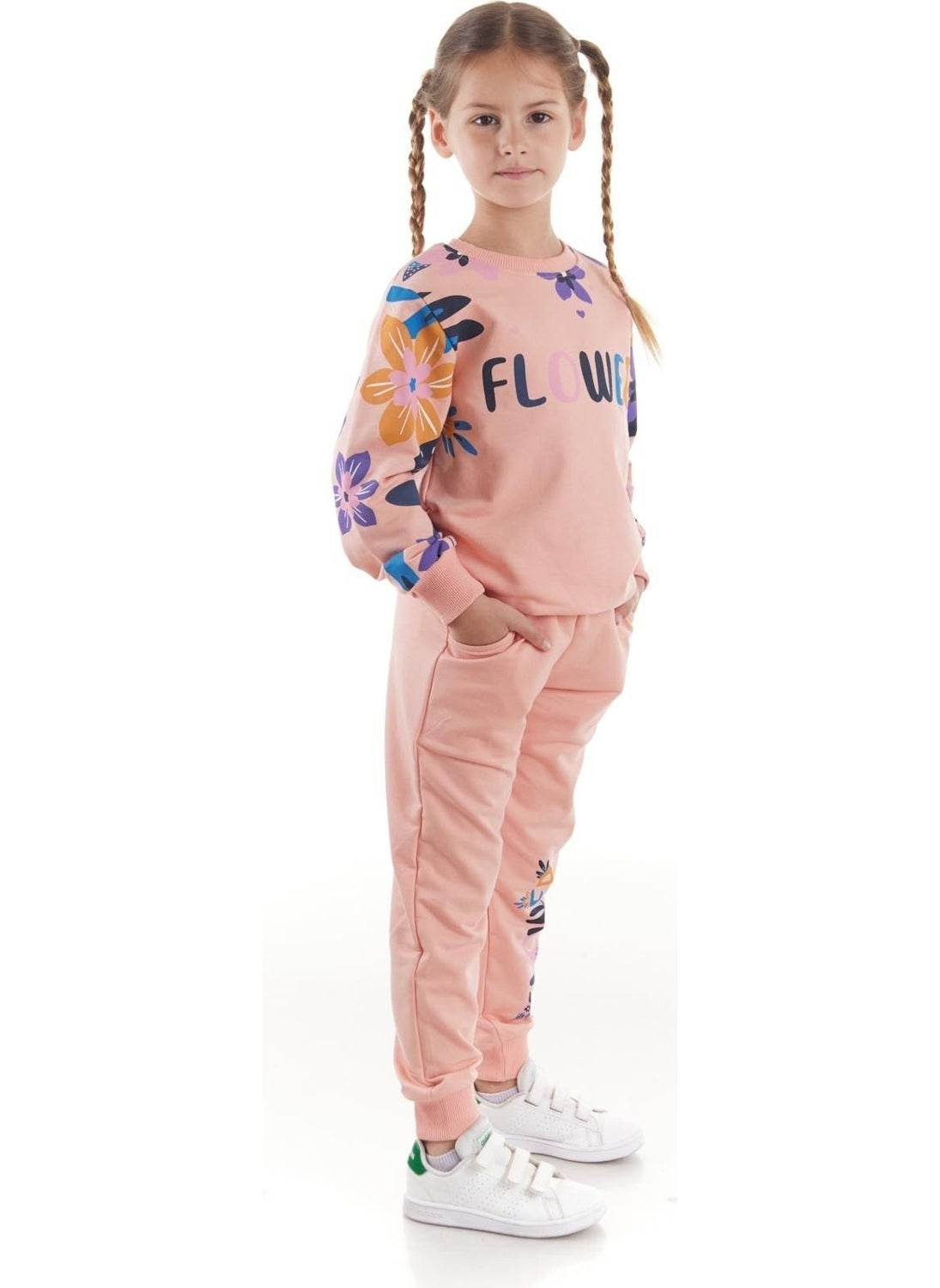Ahengim - Girls Tracksuit Flower Printed Bottom Top Two Piece Set Cotton Seasonal AK2505 - Image 1