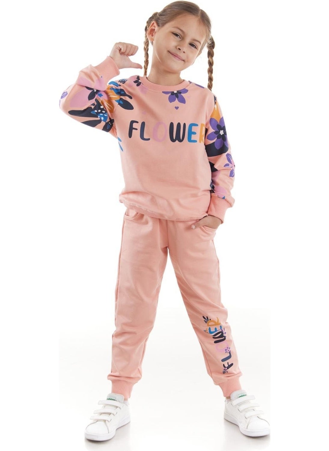 Ahengim - Girls Tracksuit Flower Printed Bottom Top Two Piece Set Cotton Seasonal AK2505 - Image 1