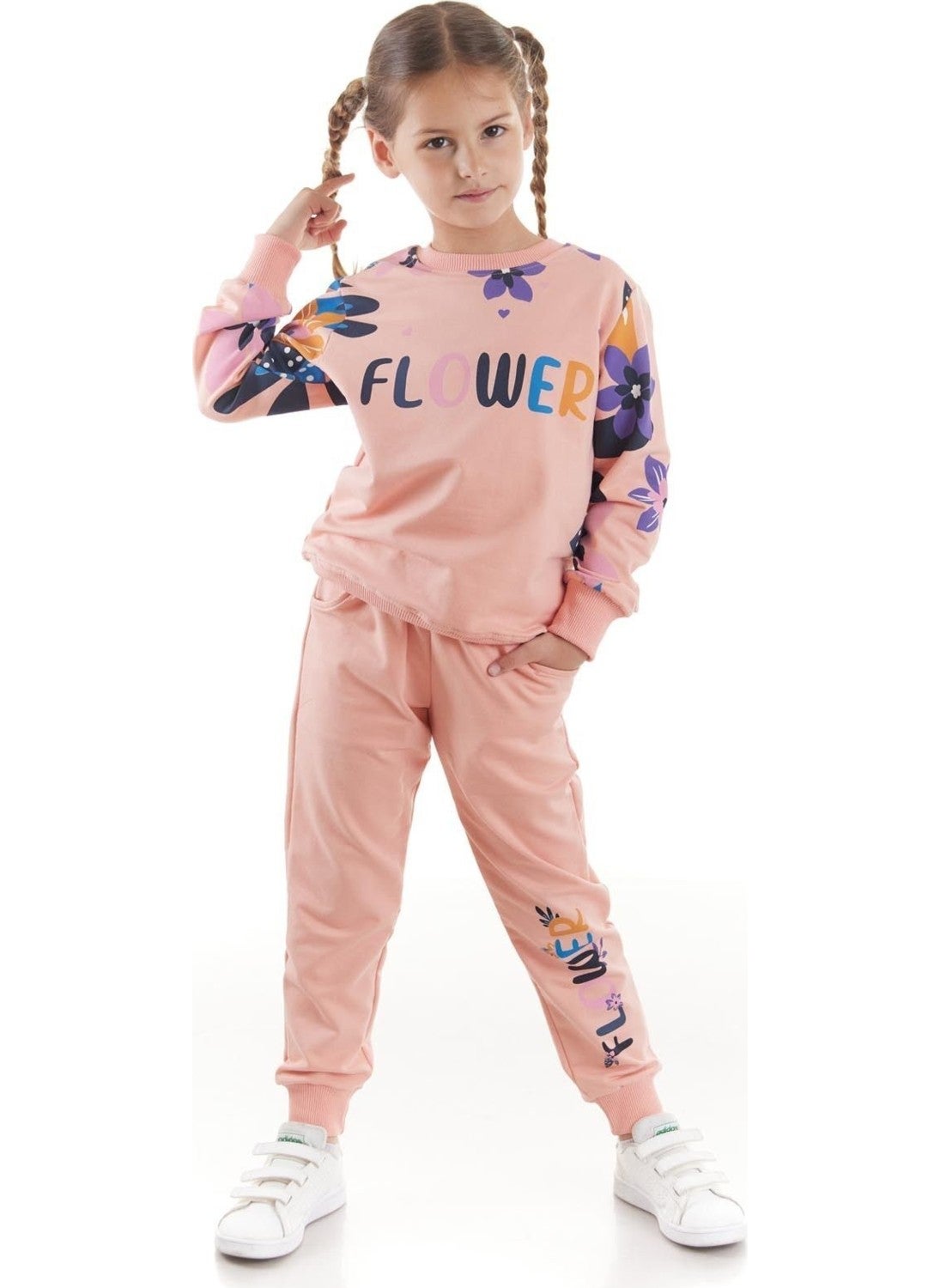 Ahengim - Girls Tracksuit Flower Printed Bottom Top Two Piece Set Cotton Seasonal AK2505 - Image 1