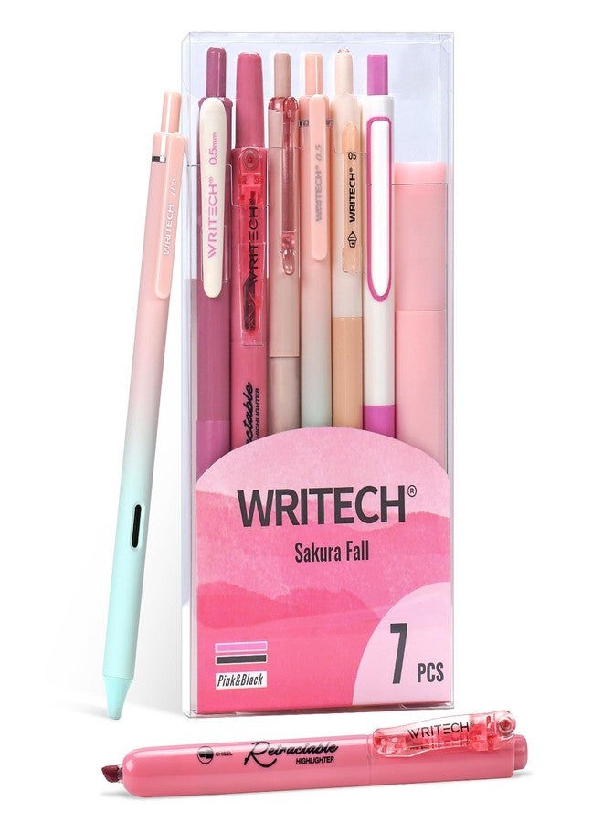 WRITECH أقلام جل للتظليل والتدوين من WRITECH: مجموعة أقلام تظليل بتدرجات ألوان باستيل متنوعة، حبر برأس رفيع 0.5 مم قابل للسحب، قلم أسود 0.7 مم، كتابة سلسة، رسم بدون تسرب، 7 أقلام (وردي) - Image 1