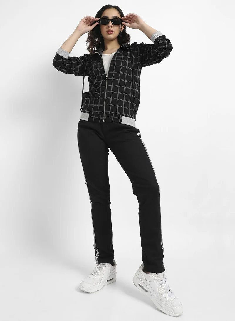 Campus Sutra Women's Black Checkered Jacket With Contrast Hem