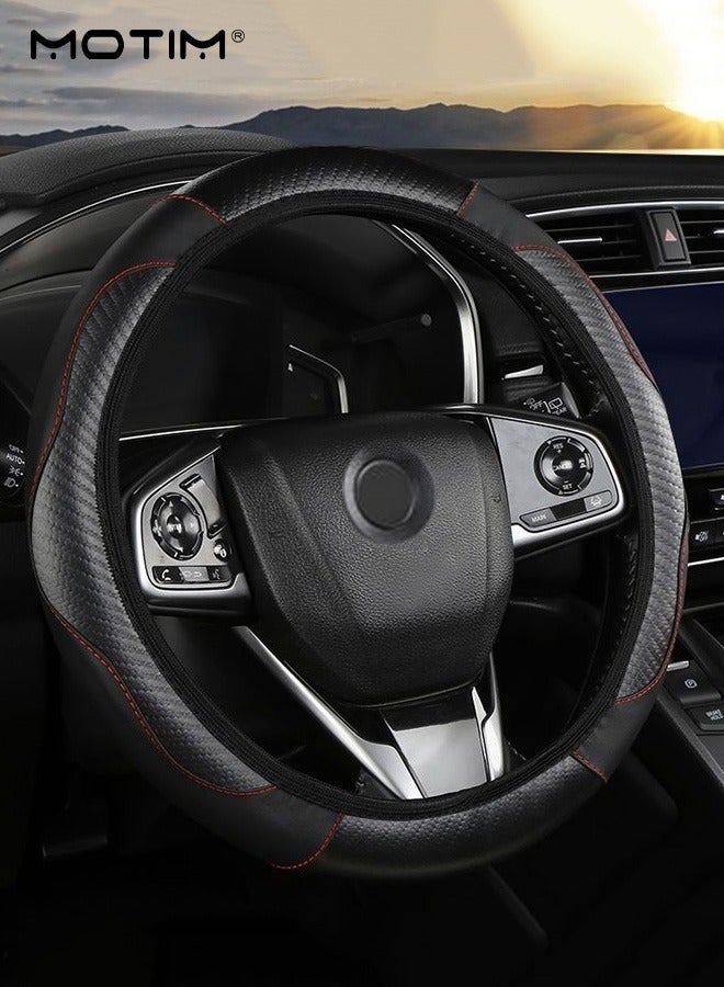 Motim Carbon Fiber Leather Car Steering Wheel Cover, Non-Slip Breathable Wear-Resistan Steering Wheel Covers,  Fit for Most Car, Trucks, SUV, 15 Inch Universal (Black) - Image 1
