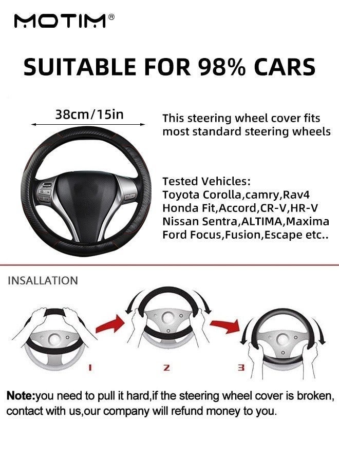Motim Carbon Fiber Leather Car Steering Wheel Cover, Non-Slip Breathable Wear-Resistan Steering Wheel Covers,  Fit for Most Car, Trucks, SUV, 15 Inch Universal (Black) - Image 3
