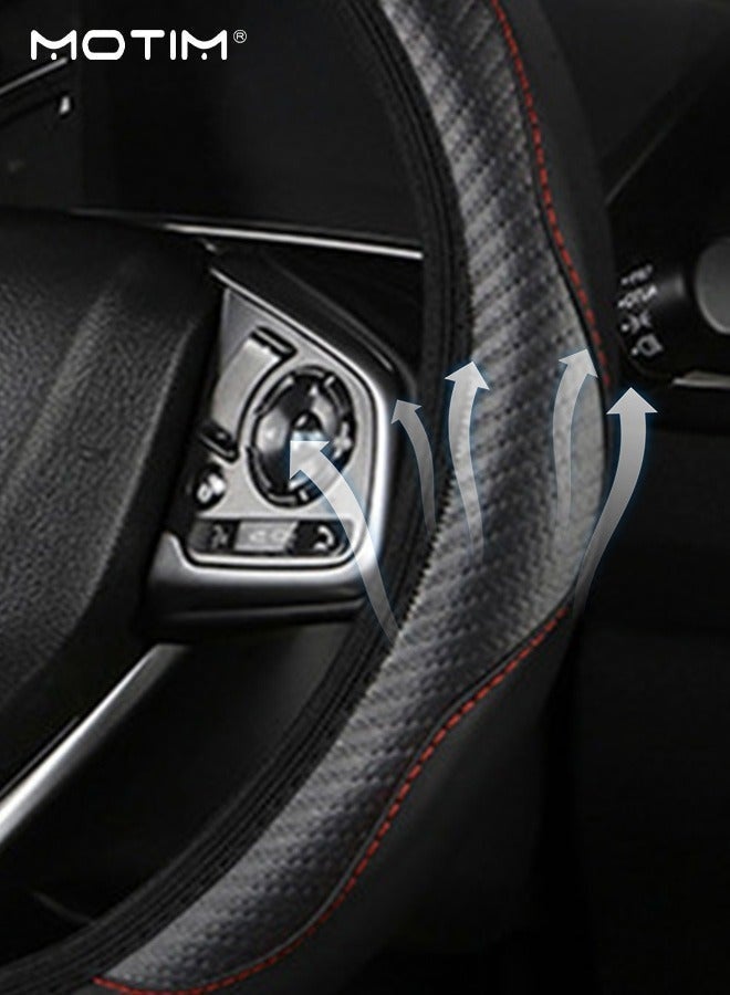 Motim Carbon Fiber Leather Car Steering Wheel Cover, Non-Slip Breathable Wear-Resistan Steering Wheel Covers,  Fit for Most Car, Trucks, SUV, 15 Inch Universal (Black) - Image 4