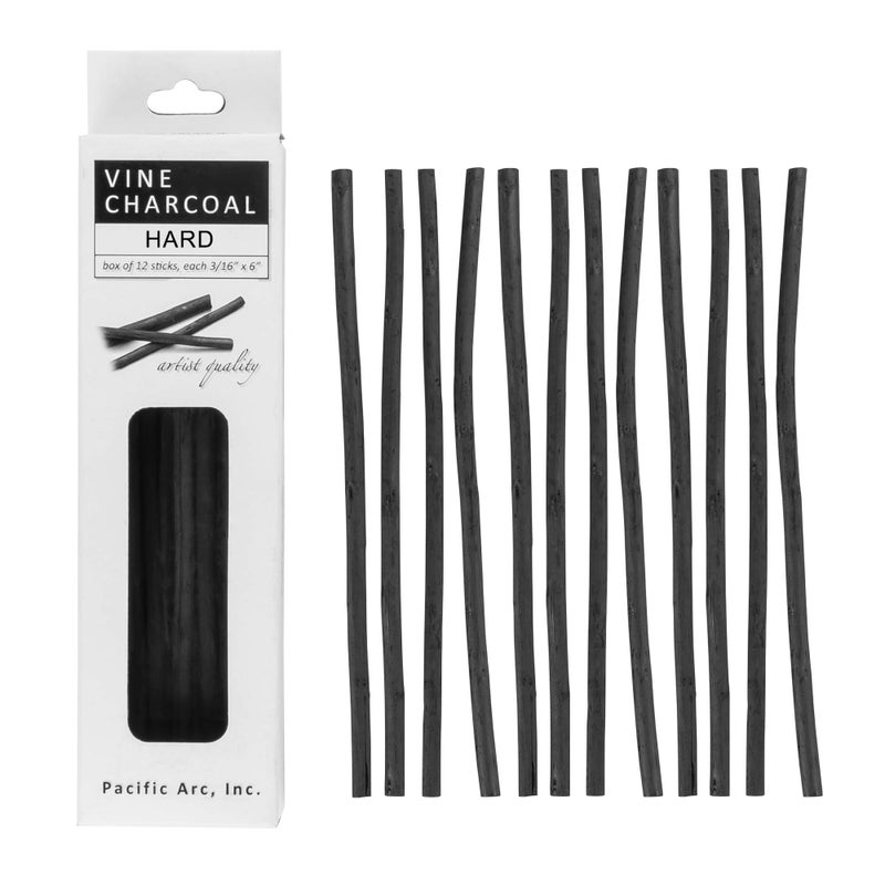 Pacific Arc Artist Vine Charcoal, Hard, Black 12 Pieces, Artist Vine Charcoal Sticks, Hard and Smooth Drawing Charcoal - Image 1