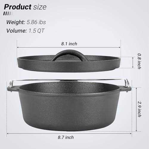 Northriver Casting Cast Iron Dutch Oven Pot with Lid, for Small Dishes, Side Dishes, Camping Cookware set, BBQ, Garlic Roaster, 1.5 Quart Pan - Image 2