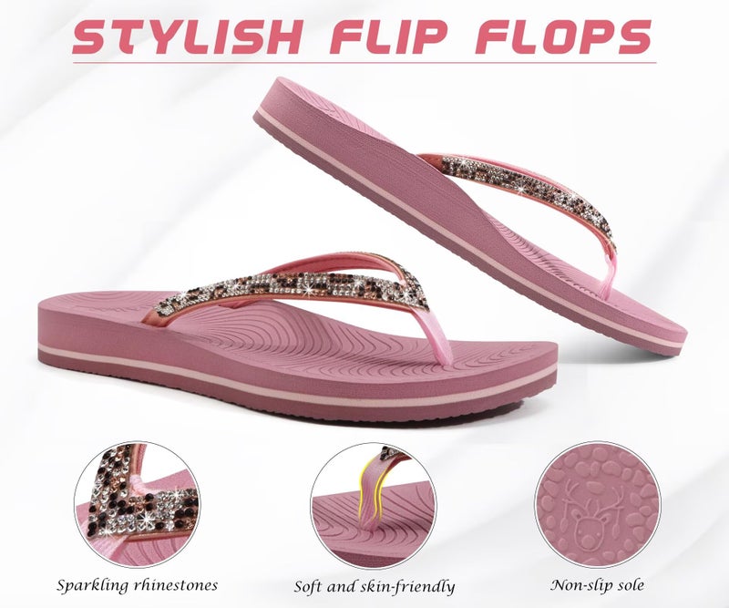 KuaiLu Women's Rhinestone Flip Flops with Comfort Arch Support Yoga Mat Cushion Sandals Fashion Summer Beach Pool Travel Orthotic Walking Thong Sandles Slip on Plantar Fasciitis Pink 9 - Image 4