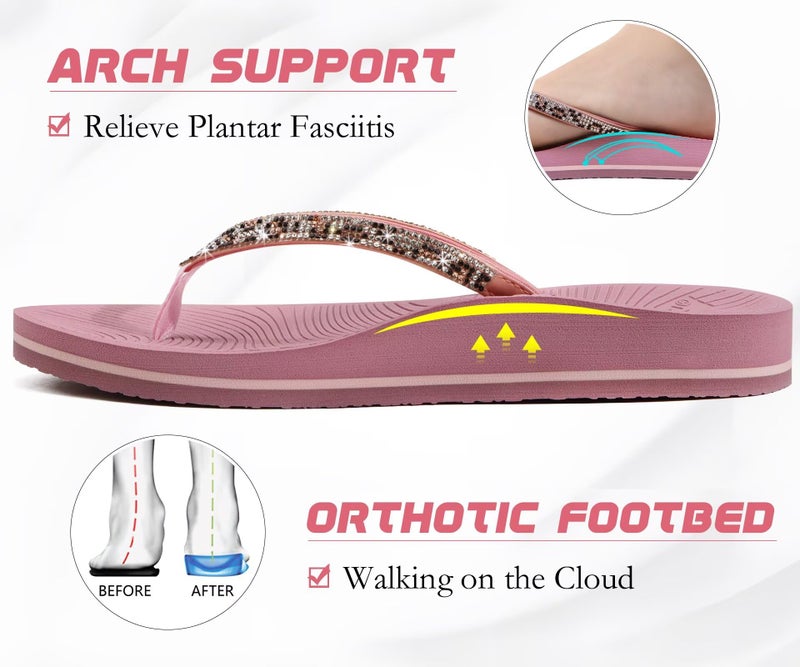 KuaiLu Women's Rhinestone Flip Flops with Comfort Arch Support Yoga Mat Cushion Sandals Fashion Summer Beach Pool Travel Orthotic Walking Thong Sandles Slip on Plantar Fasciitis Pink 9 - Image 3