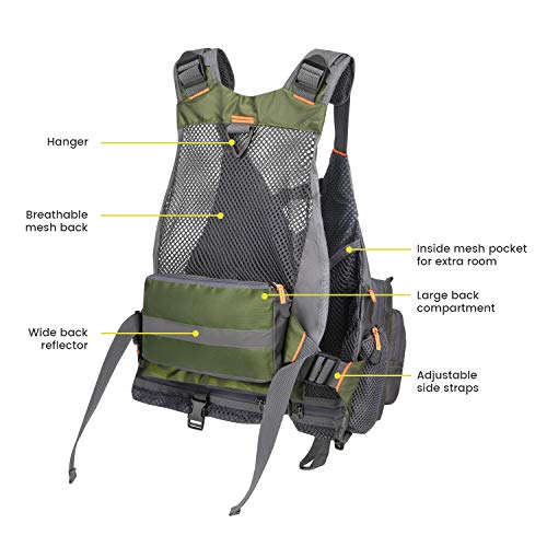 Gonex Fly Fishing Vest for Men Women, Comfortable Adjustable Fishing Vest with Multi-Pockets Reflective Stripes, Green+Gray - Image 4