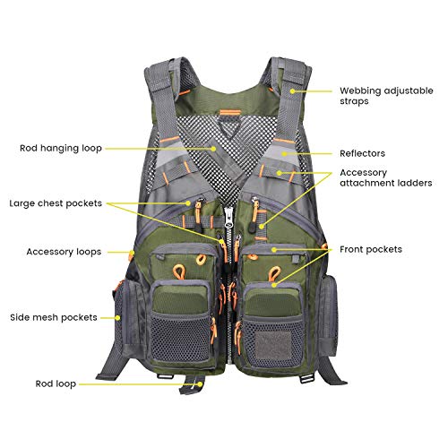 Gonex Fly Fishing Vest for Men Women, Comfortable Adjustable Fishing Vest with Multi-Pockets Reflective Stripes, Green+Gray - Image 3