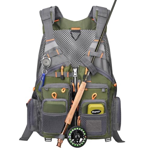 Gonex Fly Fishing Vest for Men Women, Comfortable Adjustable Fishing Vest with Multi-Pockets Reflective Stripes, Green+Gray - Image 1