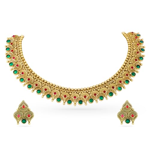 Rubans Womens 22K Gold-Plated Ruby Pink & Emerald Green Stone Handcrafted Necklace Set - Image 1