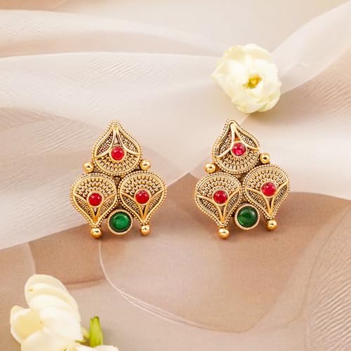 Rubans Womens 22K Gold-Plated Ruby Pink & Emerald Green Stone Handcrafted Necklace Set - Image 2