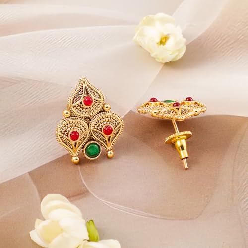 Rubans Womens 22K Gold-Plated Ruby Pink & Emerald Green Stone Handcrafted Necklace Set - Image 3