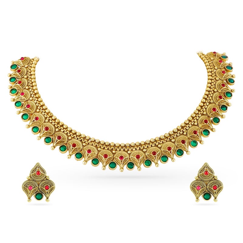 Rubans Womens 22K Gold-Plated Ruby Pink & Emerald Green Stone Handcrafted Necklace Set - Image 4