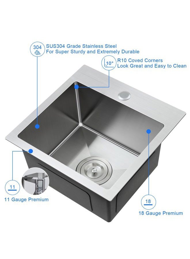 MENATT 18" Opening Small Handmade Kitchen Sink Brushed, 304 Stainless Steel Single Tap Hole Single Bowl Kitchen Bar Sink, W18" x L18" x D9" - Image 5