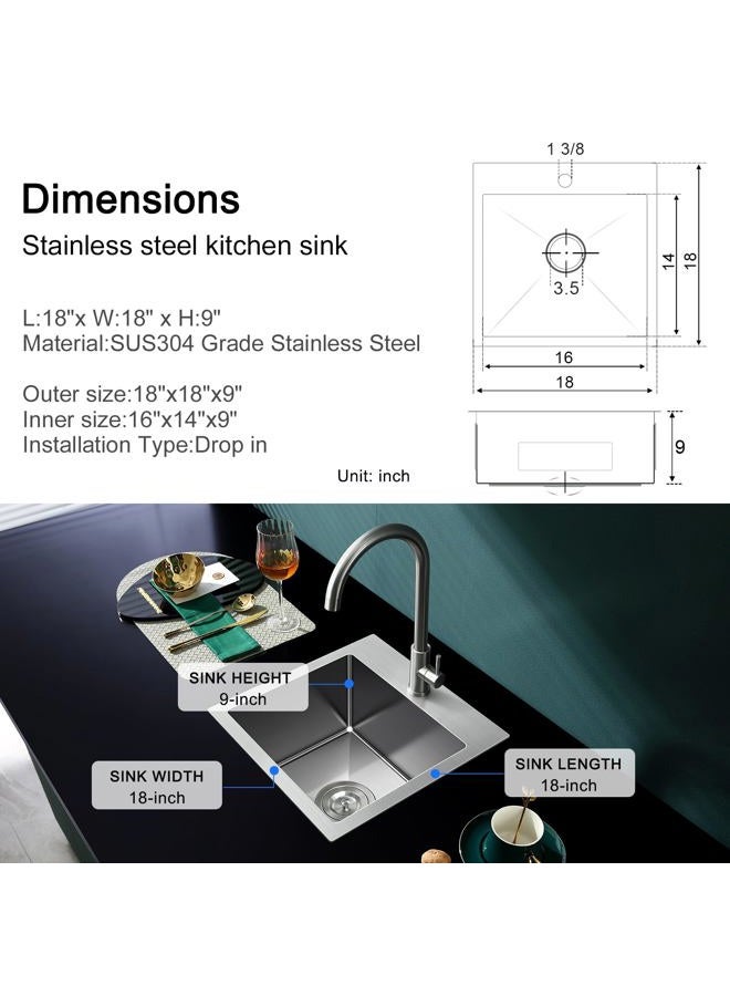 MENATT 18" Opening Small Handmade Kitchen Sink Brushed, 304 Stainless Steel Single Tap Hole Single Bowl Kitchen Bar Sink, W18" x L18" x D9" - Image 4