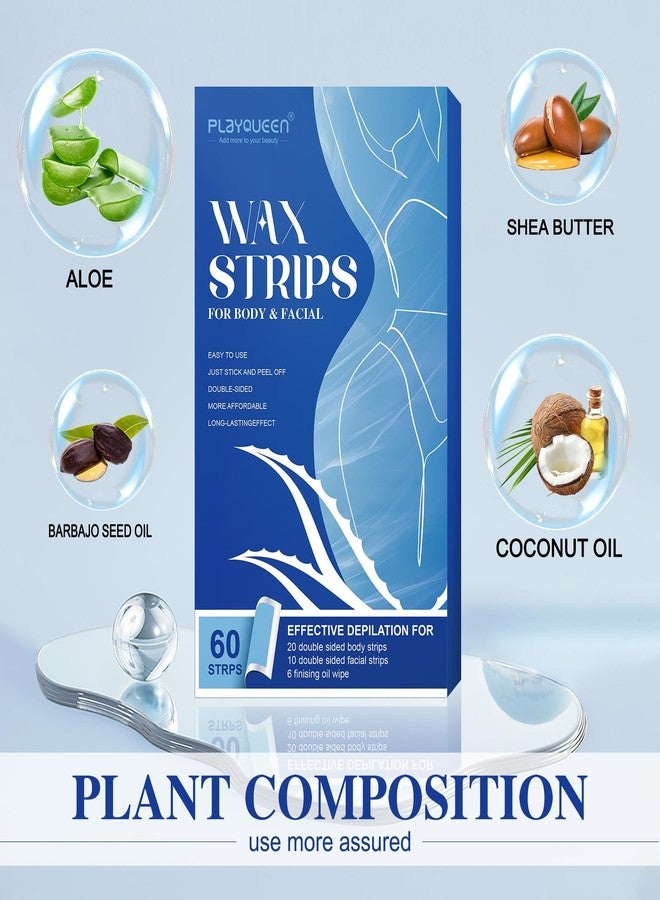 PLAYQUEEN Wax Strips for Hair Removal, 60 Count - 40 for the Body, 20 for the Face, 6 Big Oil Wipes,Waxing Strips for Women & Men,Hair Remover Wax Kit for Face, Legs, Arms, Armpits, Bikini - Image 2