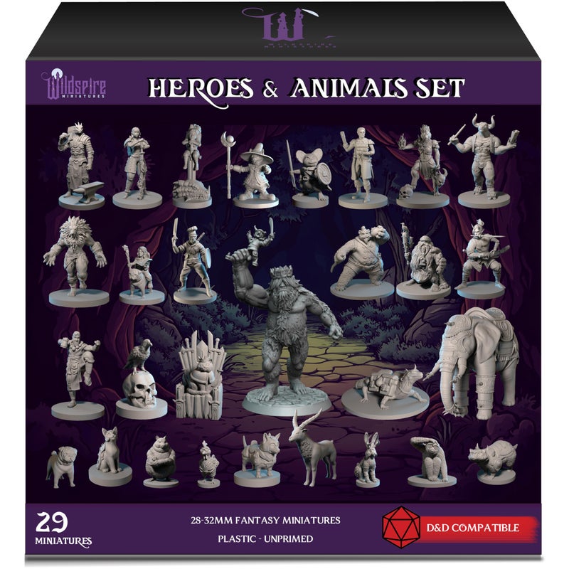 Wildspire Heroes, NPC Animal Companions & Troll King for DND Miniatures Bulk 28mm-32mm Unpainted Paintable Dungeons and Dragons Minis Pathfinder Figures for Fantasy Tabletop Roleplaying Games like DD - Image 1
