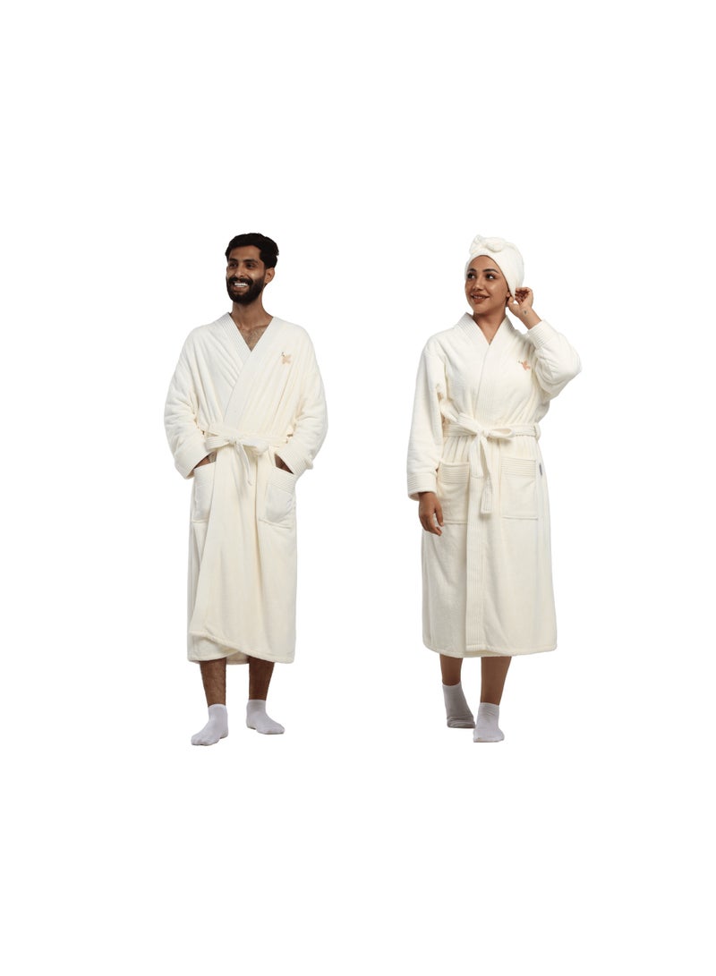Relef Premium Family Bathrobe Set of 4 Pieces – 2 Unisex Bathrobes 3XL/M + 2 Kids Cappa (0-3, 3-5 Years) Highly Absorbent Comfortable - Off White - Image 2