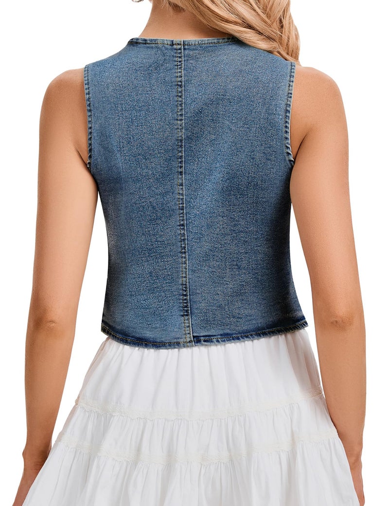 Genhoo Denim Vest Sleeveless Jean Vest Top for Women V Neck Button Down Cropped Denim Top with Pockets - Image 5