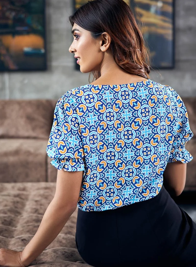 Zigzag Vneck Chiffon Printed Half Sleeve Top