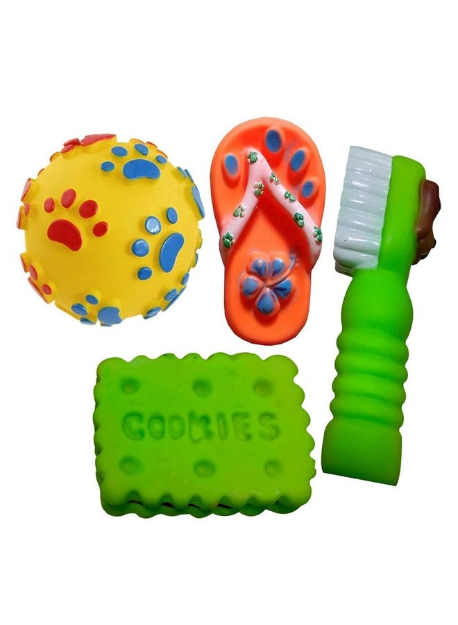 PET Combo Of 4 Soft Latex Rubber Interactive Squeaky Toys For Small Puppy- Ball, Slipper, Tooth Brush And Cookie  - Image 1