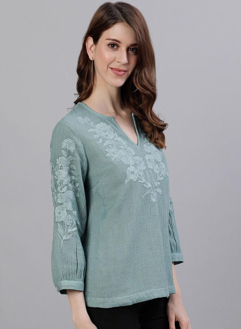 آي شين بلوزة نسائية قطنية % باللون الأخضر البحري بنقشة الزهور بقصة عادية - Image 3