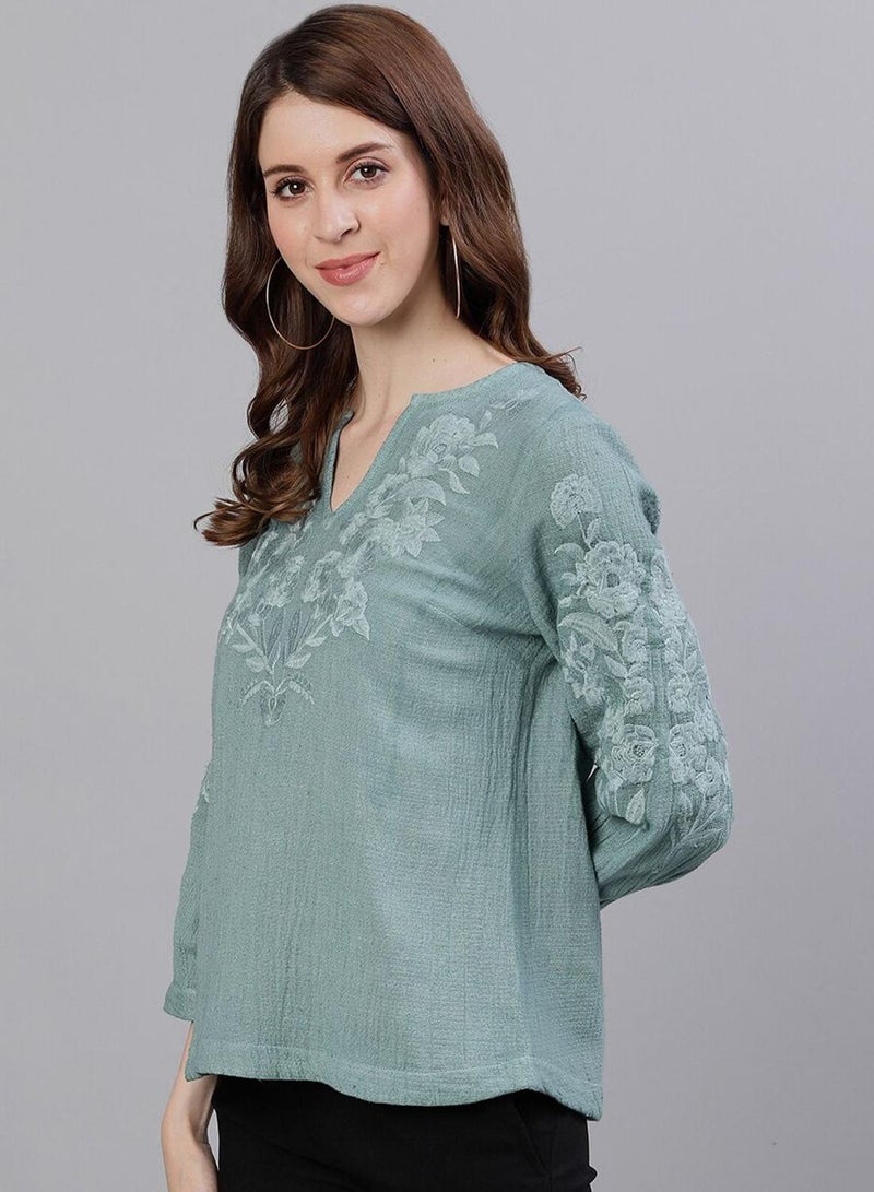آي شين بلوزة نسائية قطنية % باللون الأخضر البحري بنقشة الزهور بقصة عادية - Image 5