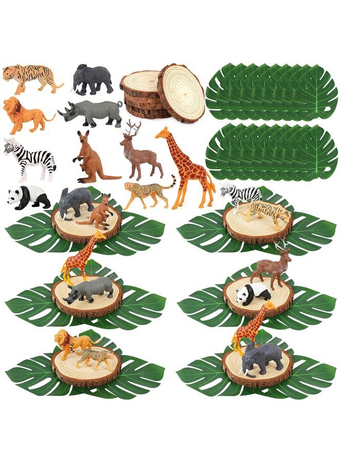 MASTRON Safari Animals Table Centerpieces - 6 Set of Jungle Animals Decorations Includes 12 Safari Zoo Animal Figures 6 Wood Slices 18 Tropical Palm Leaves for Baby Shower Birthday (Classic Animals) - Image 1