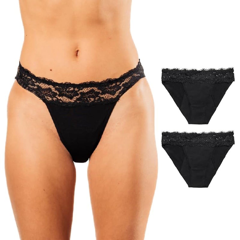 Bambody Absorbent Bikini: Lace Hip Period Panties | Women's Protective Underwear - 2 Pack: Black - Size 5 - Image 1