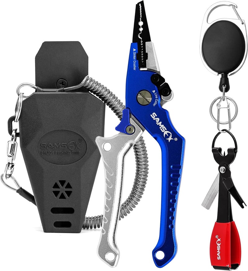 SAMSFX Aluminum Fishing Pliers Hook Remover Braid Line Cutter with Coiled Lanyard, Fly Fishing Knot Tying Tool & Retractors - Image 1